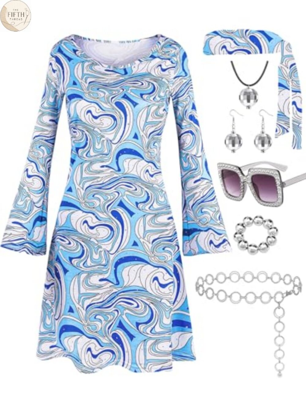70s Disco Dress Outfit Set with Peace Sign Necklace Earrings Sunglasses